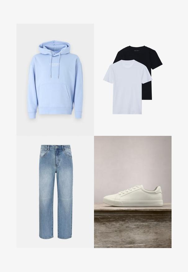 Sudadera azul claro de algodón suave, con un bolsillo frontal, capucha con cordón y estampado de logo en blanco en el pecho.; Dos camisetas de cuello redondo de manga corta, una negra y otra blanca, hechas de material de algodón suave con una textura acanalada. Diseño de ajuste clásico.; Vaqueros azul claro de corte recto con botón frontal, cierre de cremallera, trabillas para cinturón y bolsillos delanteros sobre fondo blanco.; Zapatilla blanca con cordones flotando sobre un banco de madera con follaje verde al fondo, mostrando el diseño y la textura del zapato.