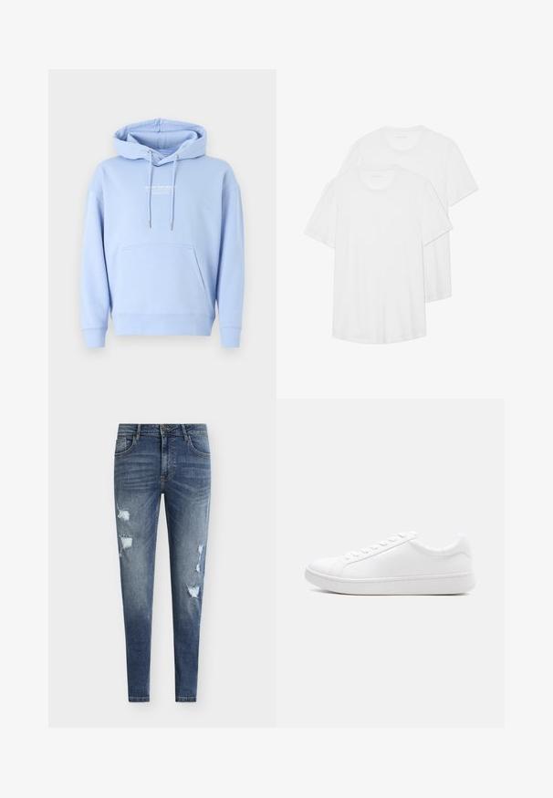 Lichtblauwe hoodie van zachte katoen, met een voorzak, een trekkoord capuchon en een witte logoprint op de borst.; Twee witte T-shirts met korte mouwen van katoen, met een ronde halslijn, zachte textuur en een eenvoudig, onopgesmukt ontwerp.; Skinny-fit blauwe spijkerbroek met versleten details, meerdere scheuren en een vervaagde wassing. Voorzien van een ontwerp met vijf zakken en riemlussen.; Witte lage sneaker met veterluiting, glad leren bovenwerk en dikke rubberen zool, zijaanzicht op een effen achtergrond.