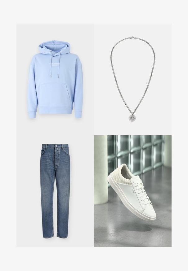 Lichtblauwe hoodie van zachte katoen, met een voorzak, een trekkoord capuchon en een witte logoprint op de borst.; Blauwe denim jeans met rechte pijpen, hoge taille, knoopsluiting aan de voorkant en vijfzakkenontwerp op een effen lichte achtergrond.; Witte lage sneaker met gewatteerde hiel en het gebrande "BOSS"-zijlogo, zwevend binnenshuis op een grijze gepolijste vloer.; Zilveren ketting met een cirkelvormige kompassymbool met een sterontwerp, een gladde textuur en een veilige sluiting.