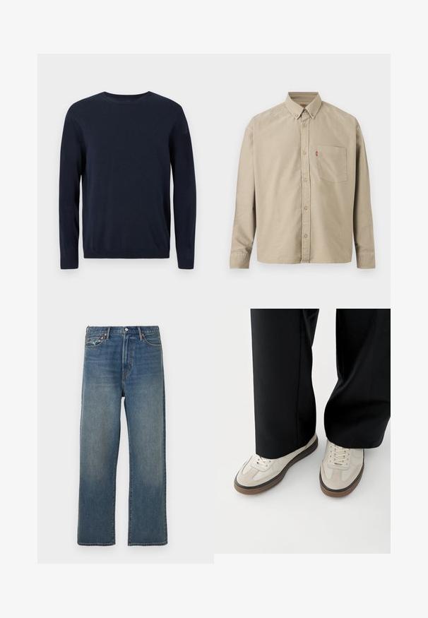 Marineblå strikket sweater med lange ærmer, rund halsudskæring og ribbede manchetter og kant. Har et lille logo på brystet.; Langærmet beige skjorte med knapper, knaplukket krave, brystlomme på venstre side og synlig rød mærkat på lommesømmen.; Blå denim jeans med lige ben, let fading, fem-lommers design, bæltestropper og knaplukning foran.; Fødder iført beige sneakers med brune såler og sorte bukser med vide ben på hvid baggrund.