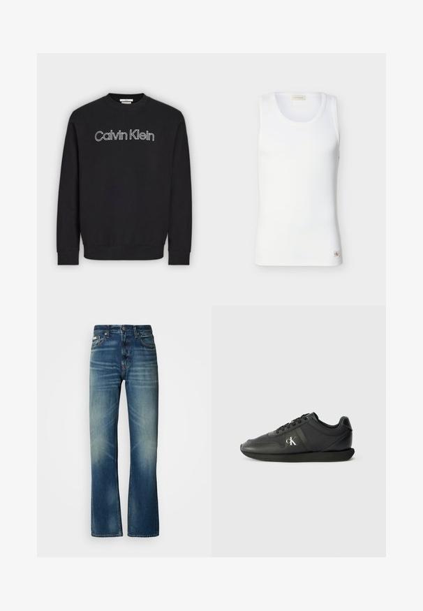 Sweat-shirt noir à manches longues avec col rond et logo « Calvin Klein » en contour blanc centré sur la poitrine, poignets et ourlet côtelés.; Débardeur blanc à côtes sans manches avec encolure ronde et petite étiquette logo Calvin Klein près de l'ourlet sur fond uni.; Jean en denim bleu avec une coupe droite, délavage moyen, détails usés, cinq poches et fermeture à bouton. Couture distincte le long des coutures.; Baskets en cuir noir avec un bout arrondi, semelle plate noire et lacets. Présente un logo argenté sur le côté et une finition lisse et texturée.