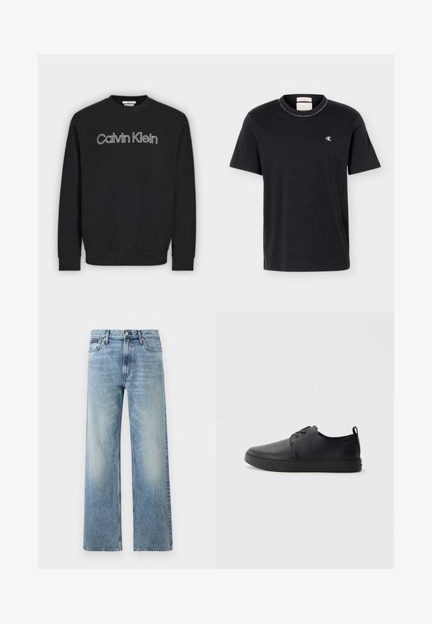 Sweat-shirt noir à manches longues avec col rond et logo « Calvin Klein » en contour blanc centré sur la poitrine, poignets et ourlet côtelés.; T-shirt noir à manches courtes et col rond avec petit logo blanc "cK" sur le côté gauche de la poitrine, coupe classique, design simple.; Jean droit en denim bleu clair avec taille haute, cinq poches, fermeture à boutons et léger délavage sur les cuisses et les genoux.; Baskets en cuir noir avec une finition lisse, bout arrondi, coutures ton sur ton, devant à lacets et semelle plate en caoutchouc. Anse au talon.