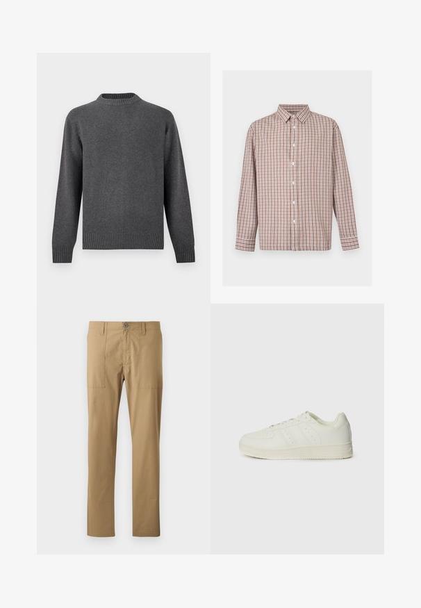 Suéter de punto gris con cuello redondo, mangas largas y puños y dobladillo acanalados. Textura suave con un acabado liso. Diseño sencillo y moderno.; Camisa de manga larga con botones, con patrón de cuadros marrón, blanco y beige y cuello clásico.; Chinos beige con corte recto, fabricados en tela de algodón ligera, que cuentan con dos bolsillos frontales y un cierre de botón individual.; Zapatillas blancas con una textura de cuero suave, diseño de cordones, detalles perforados y tres franjas diagonales en el costado. Suela de goma.