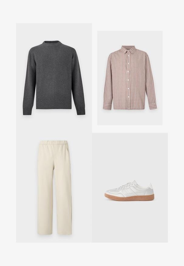 Suéter de punto gris con cuello redondo, mangas largas y puños y dobladillo acanalados. Textura suave con un acabado liso. Diseño sencillo y moderno.; Camisa de manga larga con botones, con patrón de cuadros marrón, blanco y beige y cuello clásico.; Pantalones de pierna ancha en color beige con una cinturilla elástica, confeccionados en tela suave. Presentan una textura lisa y sin patrones o herrajes visibles.; Zapatillas plateadas con una textura suave, diseño de cordones, acentos perforados y una suela de goma marrón texturizada.