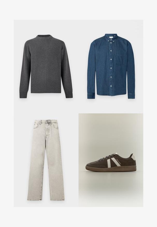 Suéter de punto gris con cuello redondo, mangas largas y puños y dobladillo acanalados. Textura suave con un acabado liso. Diseño sencillo y moderno.; Camisa de mezclilla azul oscuro con botones, mangas largas, un bolsillo delantero a la izquierda y cuello abotonado, mostrada sobre un fondo blanco.; Jeans de mezclilla gris claro de tiro alto y corte recto, con bolsillos delanteros, trabillas para cinturón y cierre de botón y cremallera.; Zapatilla deportiva de ante marrón con rayas blancas, talón blanco, suela de goma y el texto "JACK & JONES" en el lateral, mostrada de perfil sobre un fondo liso.