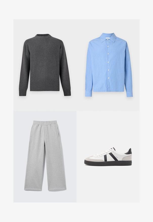 Suéter de punto gris con cuello redondo, mangas largas y puños y dobladillo acanalados. Textura suave con un acabado liso. Diseño sencillo y moderno.; Camisa de manga larga azul claro con botones, rayas verticales blancas y cuello puntiagudo sobre un fondo blanco liso.; Pantalones anchos de chándal gris claro con cintura elástica y bolsillos laterales mostrados sobre un fondo liso.; Zapatilla blanca con acentos en negro y gris, que presenta una puntera texturizada en gris, suela de goma negra y cordones planos blancos. Diseño limpio, estilo minimalista.