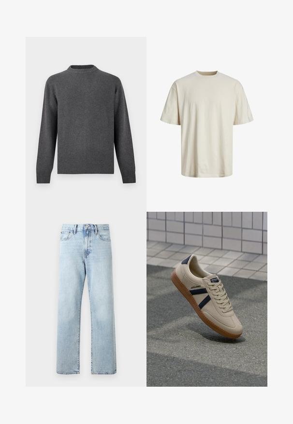 Grå striktrøje med rund hals, lange ærmer samt ribbede manchetter og kant. Blød tekstur med en glat finish. Enkel, moderne design.; Crewneck bomulds t-shirt i off-white, med korte ærmer, afslappet pasform og en glat, let tekstur.; Lyseblå jeans med høj talje og lige ben, med forlommer, knaplukning og bæltestropper på en ensfarvet baggrund.; Beige sneaker med struktureret overflade, marineblå striber og gummisål. Har en polstret tunge og traditionelt snørresystem for en sikker pasform.