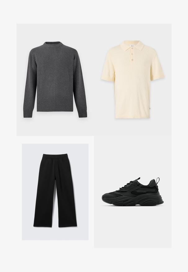 Grå striktrøje med rund hals, lange ærmer samt ribbede manchetter og kant. Blød tekstur med en glat finish. Enkel, moderne design.; Kort cremet polo skjorte lavet af et struktureret stof, med en klassisk krave og tre knaplukninger. Den har korte ærmer og ribkantede manchetter.; Sorte bukser med brede ben, elastik i taljen, to sidelommer og en glat tekstur. Designet for komfort og bevægelsesfrihed.; Sorte atletiske sneakers med en kraftig sål, meshpaneler og gummidetaljer. Har en trækflap ved hælen og strukturerede mønstre.