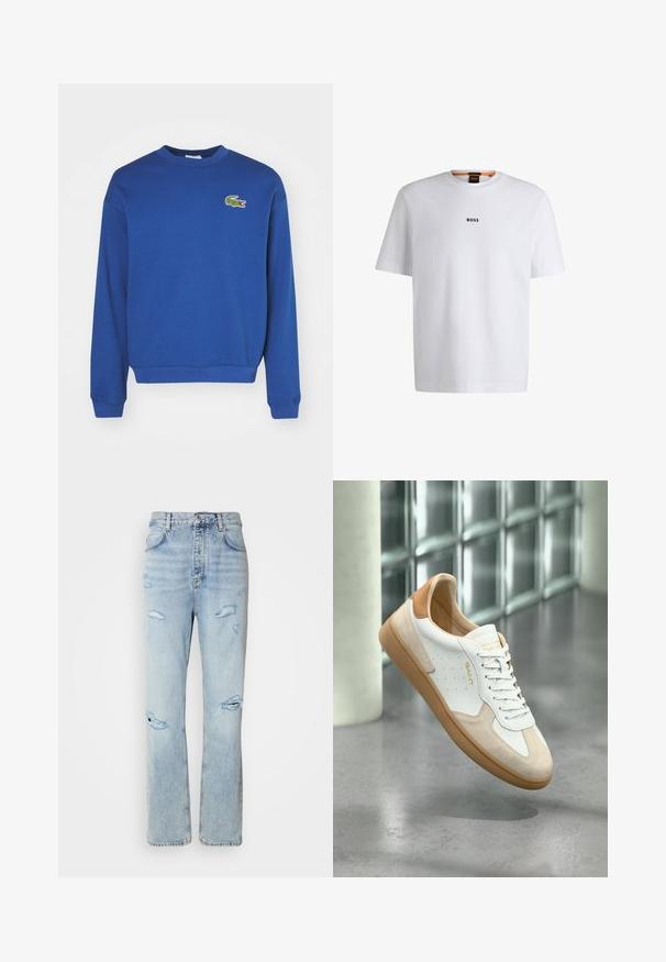 Sweatshirt bleu en mélange de coton, avec un col rond et des manches longues. Inclut un petit logo crocodile vert sur la poitrine.; T-shirt en coton blanc à manches courtes, avec un logo noir "BOSS" centré sur la poitrine et un design à col rond.; Jean en denim délavé avec une coupe décontractée, présentant des zones déchirées et des bords effilochés. Le tissu a une texture douce et lisse.; Baskets blanches et beige avec semelle et talon couleur tan, lacets blancs, marquage "GANT" sur le côté et la languette, flottant au-dessus d'un sol en béton poli.