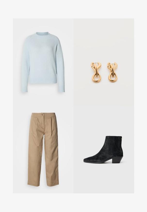 Suéter azul claro hecho de material suave, con un escote redondeado y puños y dobladillo acanalados. Presenta un diseño simple y clásico.; Pantalones beige de cintura alta con piernas rectas, detalles plisados y cierre de botón. Hechos de tela de algodón ligera con textura suave.; Botín negro hasta el tobillo con punta afilada, material texturizado similar al pelo, panel lateral acanalado y un tacón bajo y cuadrado. Diseño simple y moderno.; Par de pendientes de aro con acabado dorado brillante sobre fondo blanco liso, con diseño entrelazado y torsionado.