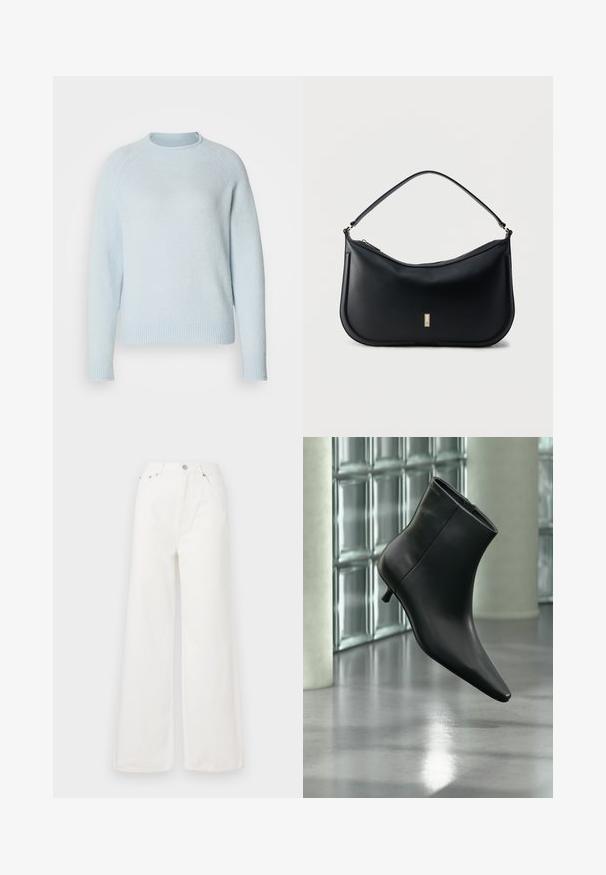 Suéter azul claro hecho de material suave, con un escote redondeado y puños y dobladillo acanalados. Presenta un diseño simple y clásico.; Jeans de mezclilla de cintura alta y pierna ancha en color blanco. Cuenta con bolsillos delanteros, un cierre de botón y detalles de dobladillo deshilachado.; Botín negro de cuero con punta puntiaguda y tacón bajo estilo kitten, mostrado en ángulo sobre un suelo pulido y con una pared de bloques de vidrio de fondo.; Bolso de hombro de cuero negro con una sola correa, diseño minimalista, fondo curvo y una pequeña placa rectangular dorada con el logo en la parte frontal.