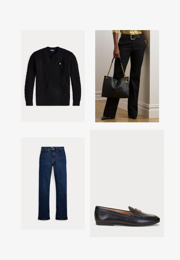 Sort kabelstrikket crewneck-sweater med lange ærmer og et lille hvidt Polo Ralph Lauren-logo på brystet.; Mørkeblå straight-leg jeans med frontknap og lynlås, fem-lomme design og synlige syninger.; Lauren Ralph Lauren AVERI III BURNISHED LEATHER LOAFER - Loafers - black; Person iført sorte bukser og gul skjorte holder sort læderhåndtaske med guldkæde, står indendørs på trægulv.