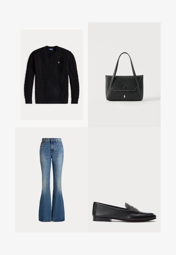 Sort kabelstrikket crewneck-sweater med lange ærmer og et lille hvidt Polo Ralph Lauren-logo på brystet.; Højtaljede blå jeans i denim med klokkeformede ben og let falmet område foran på låret, vist mod hvid baggrund.; Sorte læder loafers med struktureret finish, der har en dekorativ rem og flad hæl. Slank, minimalistisk design med rund tå.; Sort læderhåndtaske med to håndtag, frontklap med knaplukning, hvide syninger og lille hestelogo på ensfarvet baggrund.