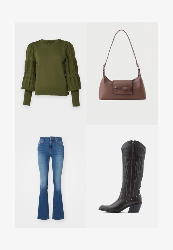 ONLY ONLMELITA O NECK - Pullover - winter moss; Jean flare taille haute en denim bleu clair, avec une texture lisse, une fermeture éclair avec un bouton et deux poches avant.; Bottes de cowboy en cuir marron avec surpiqûres en forme de flammes, fermeture éclair latérale, clous argentés, bout pointu et talon superposé.; Sac à bandoulière en cuir marron avec une poche à rabat avant ornée d'un détail en forme de nœud cousu et une sangle réglable.