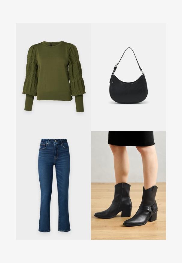 ONLY ONLMELITA O NECK - Striktrøje - winter moss; Good American GOOD LEGS - Jeans Slim Fit - dark blu; Sorte læder ankelstøvler med spids tå, lynlås lukning, buet hæl og en dekorativ rem med metal detaljer.; Sort hobo taske lavet af glat læder med en buet silhuet, der har en enkelt justerbar skulderrem og minimalistiske designdetaljer.