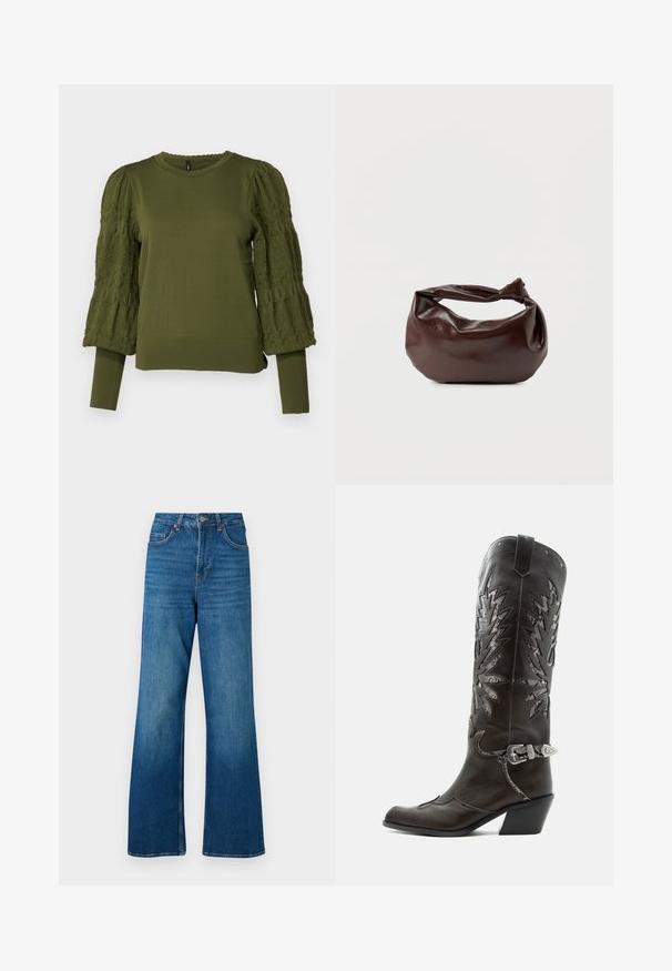 ONLY ONLMELITA O NECK - Striktrøje - winter moss; Bredde ben blå denim jeans med høj talje, lys falmning og klassisk fem-lomme design; har guldfarvet metal hardware og stikninger i kanten.; Sort læder cowboystøvle med dekorative udskæringer, sølvspænde og skrå hæl, vist på hvid baggrund.; Mørkebrun læder skuldertaske med en blød, afslappet form og et snoet knudehåndtag på en ensartet hvid baggrund.