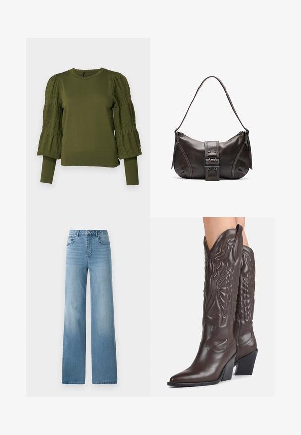 ONLY ONLMELITA O NECK - Striktrøje - winter moss; Lyseblå højtaljede jeans med lige ben. Fremstillet af denim, med fem lommer og knaplukning.; Mørkebrune læder cowboystøvler til knæene med spidse tæer, dekorativ syning og skrå blokhæle, båret af en person.; Brun læder skuldertaske med en buet form, der har et fremtrædende spænde, kontrasterende syninger og en enkelt skulderrem.