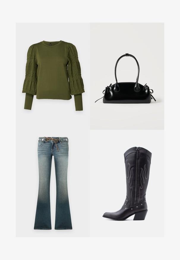 ONLY ONLMELITA O NECK - Striktrøje - winter moss; Flared denim jeans i en gradient fra lys til mørk blå, med en broderet talje og en brun snor for ekstra detalje.; Sorte cowboystøvler i læder med spids tå, synlige sømme, sølvfarvede nitte-detaljer og lynlås på den indvendige side.; Lille sort blank håndtaske med to lange håndtag og snøre-detaljer i siden på en ensfarvet lys baggrund.