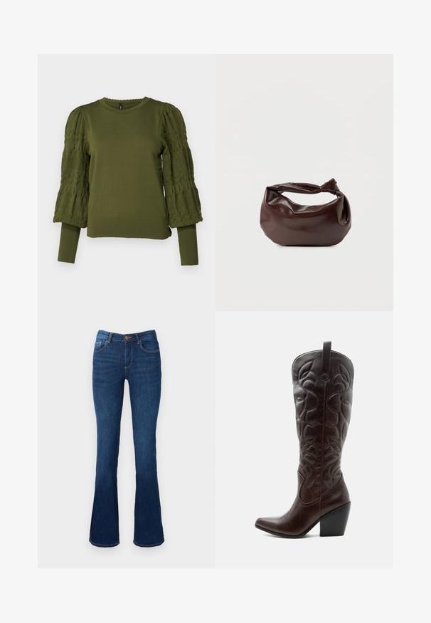 ONLY ONLMELITA O NECK - Striktrøje - winter moss; Bredde denim jeans i blå farve med mid-rise talje, der har for- og baglommer, orange syninger og knaplukning.; Høj mørkebrun læder cowboystøvle med syede dekorative mønstre, spids tå og stablet blokhæle.; Mørkebrun læder skuldertaske med en blød, afslappet form og et snoet knudehåndtag på en ensartet hvid baggrund.