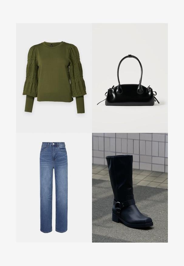 ONLY ONLMELITA O NECK - Striktrøje - winter moss; Lyseblå denimjeans med højtaljet, lige ben, fem-lomme-design og subtile falmede detaljer i hele stoffet.; Sort læderstøvle midt på læggen med lav blokhæle og en dekorativ rem med metal spænde rundt om anklen, på en flisebelagt fortov.; Lille sort blank håndtaske med to lange håndtag og snøre-detaljer i siden på en ensfarvet lys baggrund.