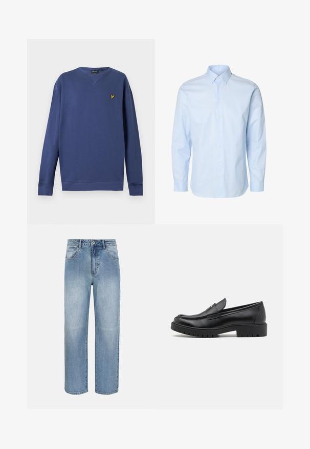 Sweat-shirt bleu à manches longues avec col rond, poignets et ourlet côtelés, avec un petit logo d’oiseau jaune sur la poitrine gauche.; Chemise habillée homme bleu clair à manches longues avec patte de boutonnage et col classique sur fond blanc.; Jean droit bleu clair avec bouton frontal, fermeture éclair, passants de ceinture et poches avant sur fond blanc.; Mocassins en cuir noir avec un bout arrondi, un design à enfiler et une semelle en caoutchouc épaisse avec une texture antidérapante. Talon surélevé et détails de surpiqûre subtils.