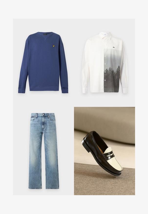 Sweat-shirt bleu à manches longues avec col rond, poignets et ourlet côtelés, avec un petit logo d’oiseau jaune sur la poitrine gauche.; Chemise blanche à manches longues avec boutons, ornée d'un paysage forestier en niveaux de gris imprimé sur le côté droit avant et d'un petit logo de crocodile vert.; Jean droit en denim bleu clair avec taille haute, cinq poches, fermeture à boutons et léger délavage sur les cuisses et les genoux.; Mocassin en cuir noir avec un empeigne crème et des rayures noires, présentant un petit talon et des coutures détaillées le long des bords.