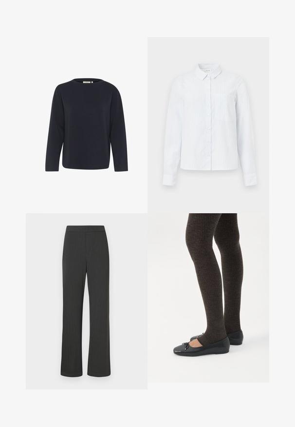 Tumedam sinine pikkade varrukatega topp, mis on valmistatud pehmest kangast, ringkrae ja lõdva istuvuse ning minimalistliku disainiga, ilma nähtavate mustrite või aktsentideta.; Heledasinine, pika varrukaga nööpidega särk, millel on krae, vertikaalsed triibud ja rinnaehe. Valmistatud pehmest kangast.; Mustrekiga mustad püksid sirge jala lõikega, millel on elastne vöökoht ja sile, tekstuuriga kangas.; Jalad seljas tumedad soonelises soonelises kombines mustade baleriinadega, millel on väikesed paelade detailid valgel taustal.