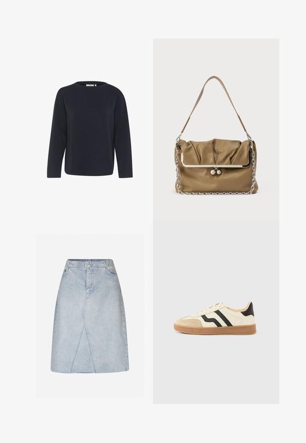 Marineblå langærmet top lavet af blødt stof, med rund halsudskæring og en afslappet pasform. Minimalistisk design uden synlige mønstre eller accenter.; Lys blå denimnederdel med en tætsiddende talje, A-formet facon og skrå paneldetaljer. Har en lukning med knap og lynlås foran.; Snørestøvler med en cremefarvet overdel med sorte striber og en ruskindsnæsetip, suppleret med en brun gummisål.; Brun læderhåndtaske med et rynket design, metalaccenter og en sølvfarvet kædestrop. Har en poleret metalramme og to sfæriske låse.