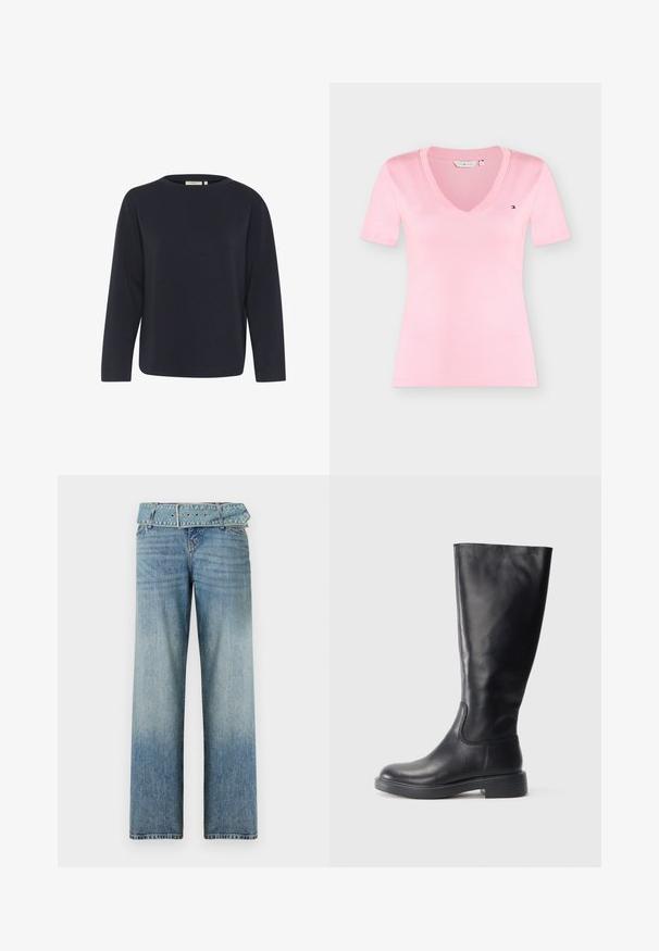 Top de manga larga azul marino hecho de una tela suave, con un escote redondo y un ajuste relajado. Diseño minimalista sin patrones o acentos visibles.; Camiseta rosa claro de manga corta con cuello en V y pequeño logo de Tommy Hilfiger en el pecho izquierdo.; Jeans de mezclilla azul claro con un diseño de pierna ancha, que presentan una cintura con cinturón a juego y un desvanecimiento gradual de oscuro a claro.; Bota alta de cuero negro con tacón bajo y punta redonda, vista lateral sobre fondo blanco.