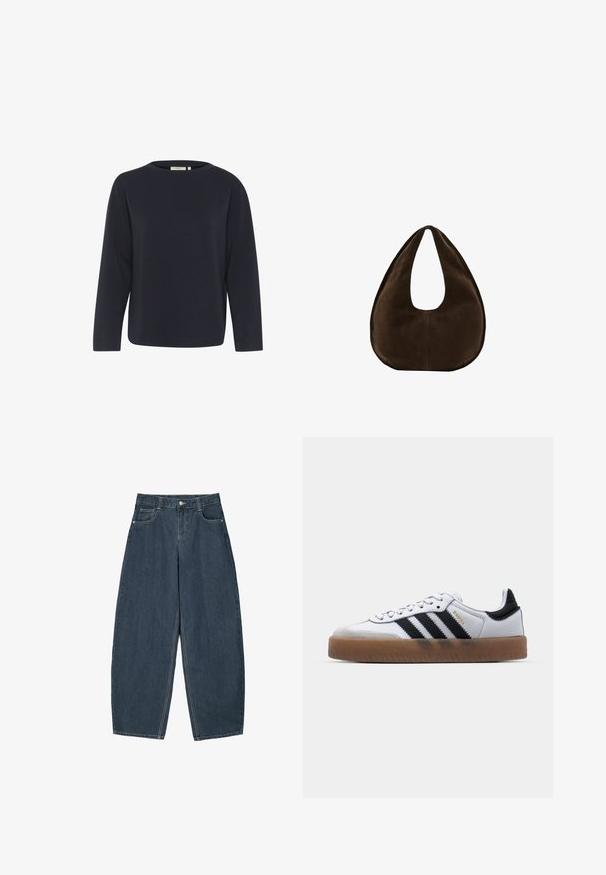Haut à manches longues bleu marine en tissu doux, avec un col rond et une coupe décontractée. Design minimaliste sans motifs ni accents visibles.; Jeans en denim bleu foncé à jambes larges avec une taille haute, dotés de cinq poches et de détails de couture visibles. Design épuré et minimal.; Baskets en cuir blanc avec des rayures noires, semelle extérieure en caoutchouc beige, bout rond, fermeture lacée et embout en suède gris doux.; Sac à main en daim marron foncé en forme de croissant avec une seule sangle large et une texture lisse sur fond blanc.
