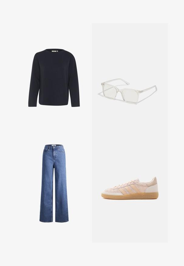 Top de manga larga azul marino hecho de una tela suave, con un escote redondo y un ajuste relajado. Diseño minimalista sin patrones o acentos visibles.; Jeans de mezclilla de tiro alto, de pierna ancha, en azul claro, con dos bolsillos delanteros y costuras visibles. Cuentan con un cierre de botón y cremallera.; Zapatilla Adidas beige de corte bajo con parte superior de tela tejida, suela de goma color goma y tres franjas características en el lateral.; Gafas cuadradas de plástico transparente con lentes translúcidos, que cuentan con acentos dorados en las patillas para un detalle adicional.