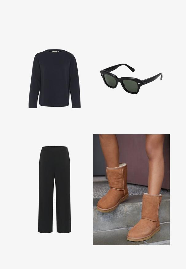 Top de manga larga azul marino hecho de una tela suave, con un escote redondo y un ajuste relajado. Diseño minimalista sin patrones o acentos visibles.; Pantalones negros de pierna ancha con una pretina alta elástica, corte recto y sin bolsillos o adornos visibles.; Botas de tobillo de ante marrón con punta redonda, forro suave y suela de goma, con detalles de costura visibles a lo largo de las costuras.; Gafas de sol cuadradas negras con lentes verde oscuro, con montura audaz y acentos plateados en los laterales. Fabricadas en Italia.