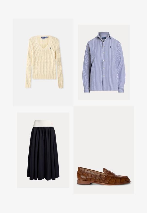 Creamfarvet kabelstrikket V-hals sweater med lange ærmer og lille mørkeblå Polo Ralph Lauren logo på venstre bryst.; Blå og hvide lodrette stribede langærmet skjorte med krave og lille broderet logo på venstre bryst.; Knælang nederdel i mørk marineblå stof med en hvid elastisk taljebånd. Med plisseret design og en lille rød logoaccent.; Brun læderloafer med krokodillemønster, lavt træhæl og en rem tværs over toppen, vist mod en ensfarvet baggrund.
