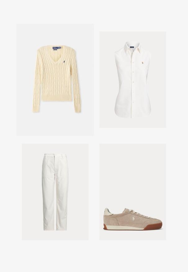 Krémový sveter s pleteným vzorom, výstrihom do V, s dlhými rukávmi a malým tmavomodrým logom Polo Ralph Lauren na ľavej strane hrudníka.; Biele bezrukávové tričko z bavlny, s cípatým golierom, predným zapínaním na gombíky a malým vyšívaným logom na ľavej strane.; Biele nohavice s rovnými nohavicami, veľkými prednými nášivkovými vreckami, pútkami na opasok a zapínaním na gombík v páse.; Béžová semišová nízka teniska s bielymi šnúrkami, bielym logom na boku a hnedou gumovou podrážkou.
