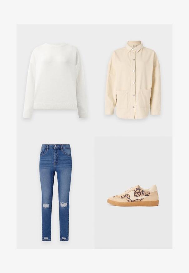 Suéter blanco de cuello redondo y mangas largas con puños y dobladillo acanalados, que presenta una textura suave y ligeramente esponjosa.; Camisa chaqueta de pana color crema con cuello y cierre de botón plateado, y dos bolsillos delanteros. Corte relajado y tejido texturizado.; Vaqueros ajustados de color azul con un acabado descolorido, que cuentan con dos desgastes en las rodillas, cinco bolsillos, un cierre de botón y lazos para cinturón. Tejido de mezcla de algodón.; Zapatillas de leopardo con parte superior de ante beige, suela de goma marrón y acentos blancos. Punta redonda y diseño con cordones con un acabado texturado.