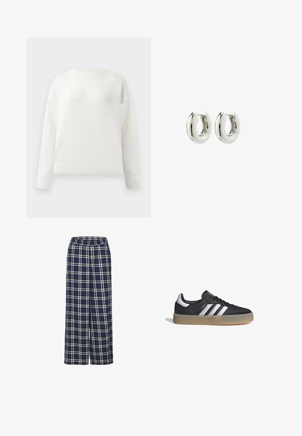 Suéter blanco de cuello redondo y mangas largas con puños y dobladillo acanalados, que presenta una textura suave y ligeramente esponjosa.; Pantalones de pierna ancha en patrón de cuadros azul marino con líneas blancas y negras. Presentan una cintura elástica y una textura de tela suave.; Zapatilla deportiva de cuero negro con tres rayas plateadas, punta texturizada y suela de goma. Cuenta con un collar acolchado y un diseño con cordones.; Pendientes de aro de plata con un diseño suave y redondeado y un acabado brillante. Presentan un cierre de bisagra sencillo para facilitar su uso.