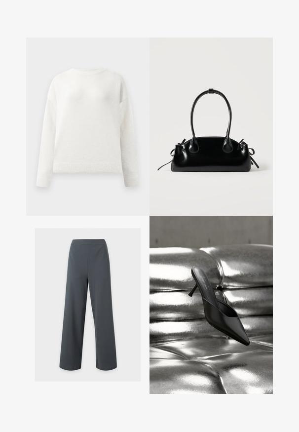 Suéter blanco de cuello redondo y mangas largas con puños y dobladillo acanalados, que presenta una textura suave y ligeramente esponjosa.; Pantalones de pierna ancha de color gris oscuro con cintura alta y sin cierres visibles, mostrados sobre un fondo blanco.; Mula negra con punta puntiaguda y tacón delgado, colocada sobre una superficie brillante, metálica y capitoné plateada.; Pequeño bolso negro brillante con dos asas largas y detalles de cordón lateral sobre un fondo claro liso.