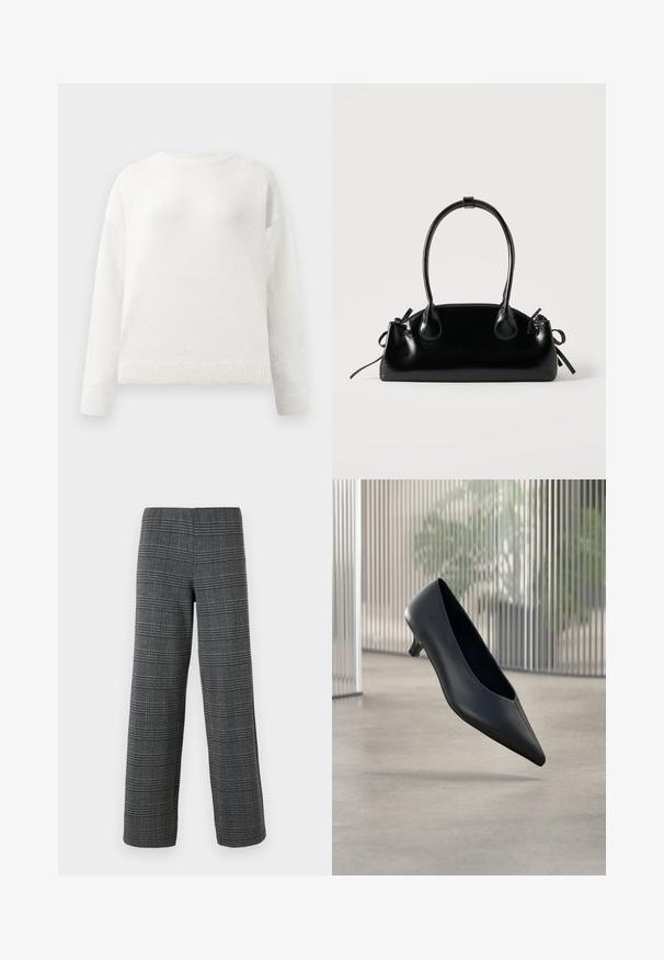 Pull-over blanc à col rond et manches longues avec des poignets et un ourlet côtelés, arborant une texture douce et légèrement duveteuse.; Vero Moda VMBERLIN WIDE PANT - Pantalon classique - dark grey/black; Chaussure noire à talon kitten à bout pointu flottant au-dessus d'un sol en béton lisse avec des panneaux translucides verticaux en arrière-plan.; Petit sac à main noir brillant avec deux longues anses et des détails à cordon sur les côtés sur un fond clair uni.