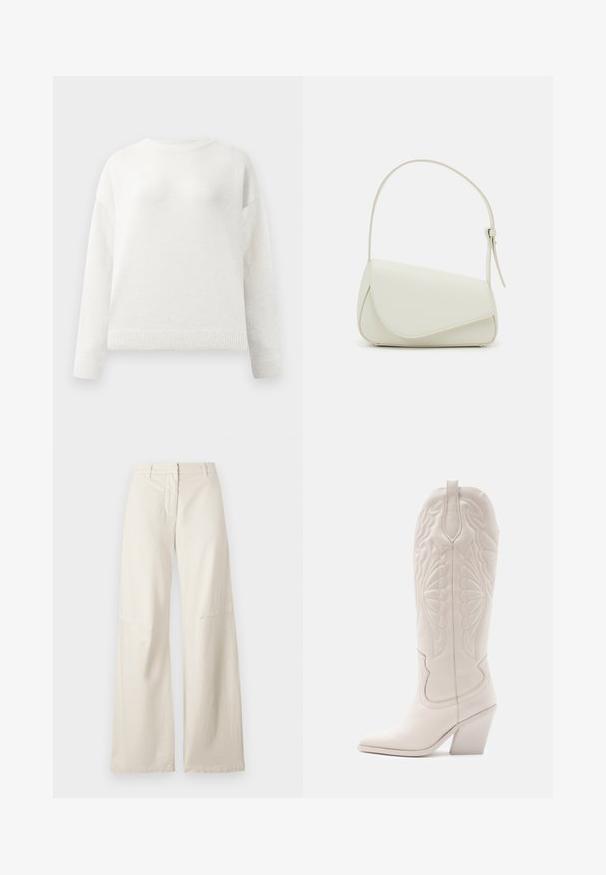 Suéter blanco de cuello redondo y mangas largas con puños y dobladillo acanalados, que presenta una textura suave y ligeramente esponjosa.; Pantalones de pierna ancha en una tela de algodón color crema. Presentan una cintura alta, un diseño estructurado y detalles de costura mínimos. Parte delantera plana con bolsillos.; Bota vaquera de cuero blanco con punta afilada y tacón bloqueado. Presenta patrones de costura intrincados en el caña y una textura suave.; Bolso de mano de imitación cuero blanco con una forma triangular estructurada, correa ajustable única y cierre con solapa acentuada en curva.