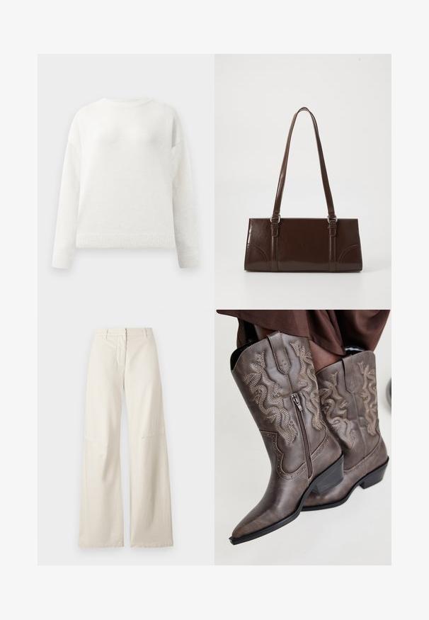 Pull-over blanc à col rond et manches longues avec des poignets et un ourlet côtelés, arborant une texture douce et légèrement duveteuse.; Pantalons larges en tissu coton crème. Présente une taille haute, un design structuré et des détails de couture minimalistes. Devant plat avec poches.; Bottes de cowboy en cuir marron avec un bout pointu, fermeture éclair sur le côté et design serpent texturé en beige, ornées de clous décoratifs le long des bords.; Sac à main en cuir verni marron de forme rectangulaire, avec deux longues poignées et des accents courbés subtils à l'avant.