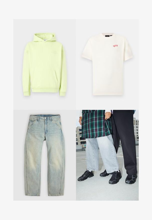 Sudadera verde claro con un bolsillo frontal tipo canguro, puños y dobladillo acanalados. Presenta un logotipo grabado en tono "OBEY STUDIOS" en el pecho.; Camiseta blanca de algodón con mangas cortas y cuello redondo, que presenta un pequeño gráfico rojo de una patineta en el pecho izquierdo. Textura suave.; Vaqueros de pierna ancha en azul claro hechos de denim. Cuentan con cinco bolsillos, cierre de botón y zonas desgastadas para un aspecto envejecido.; Zapatillas deportivas negras con acentos de malla y goma. Combinadas con jeans de pierna ancha de color gris claro y una blusa de cuadros verdes. Fondo de superficie plana.