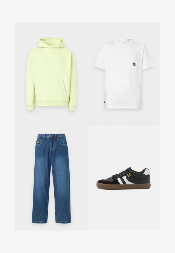 Lichtgroene hoodie met een voorzak, ribgebreide manchetten en zoom. Heeft een tonale, reliëfbedrukte "OBEY STUDIOS" logo op de borst.; Witte katoenen T-shirt met een ronde hals, korte mouwen en een borstzakje met een zwarte logo-patch. Gladde textuur, losse pasvorm.; Denim jeans in een middelblauwe wassing, met een rechte pijpontwerp, vijf zakken en gele stiksels accentueringen.; Zwart-witte sneakers met een bovenwerk van suède en leer, voorzien van witte strepen, zwarte veters en een bruine rubberen zool. Gouden logo-accenten.