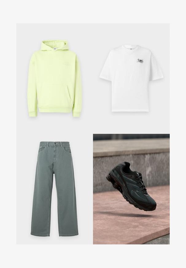 Sudadera verde claro con un bolsillo frontal tipo canguro, puños y dobladillo acanalados. Presenta un logotipo grabado en tono "OBEY STUDIOS" en el pecho.; Camiseta de algodón blanca con un corte relajado, que presenta un pequeño gráfico negro de montaña y un diseño de sol en el área del pecho izquierdo.; Pantalones de pierna ancha en algodón verde apagado, con una cinturilla clásica, presillas para cinturón, bolsillos frontales y detalles de costura contrastantes.; Zapatilla deportiva negra con entresuela visible con amortiguación de aire que flota sobre una superficie de piedra rosa con un fondo de pared de piedra gris.