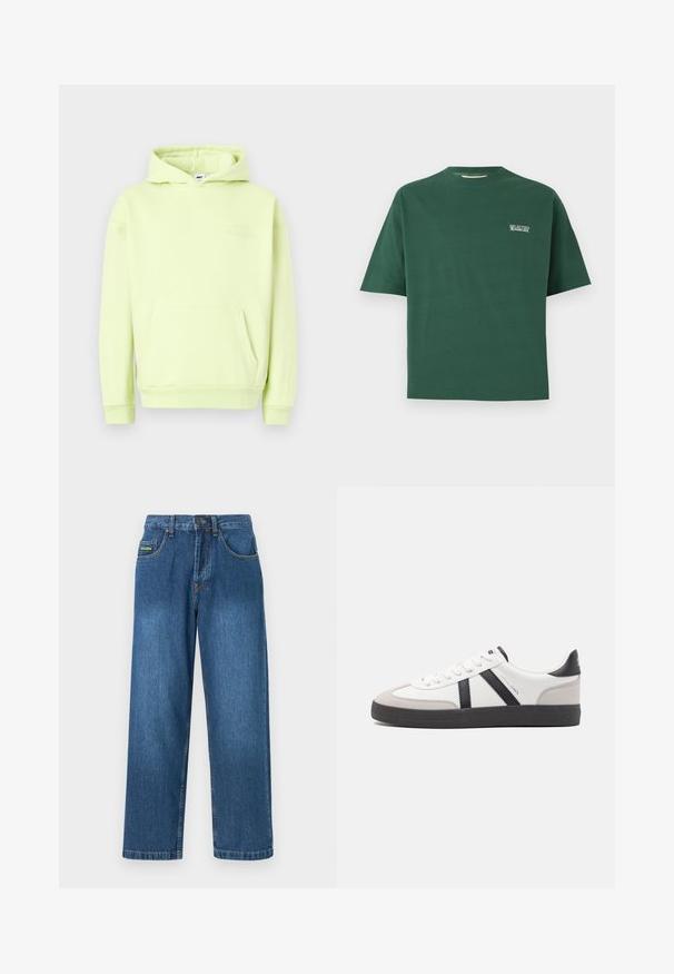 Haut à capuche vert clair avec une poche kangourou à l'avant, des poignets et un ourlet côtelés. Présente un logo ton sur ton en relief "OBEY STUDIOS" sur la poitrine.; T-shirt en coton vert à manches courtes avec un col rond, arborant un petit logo blanc "SELECTED" sur la poitrine gauche.; Jean en denim dans un délavage bleu moyen, avec une coupe droite, cinq poches et des accents de couture jaune.; Baskets blanches avec des accents noirs et gris, présentant un embout texturé gris, une semelle en caoutchouc noir et des lacets plats blancs. Design épuré, style minimaliste.