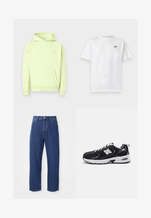 Haut à capuche vert clair avec une poche kangourou à l'avant, des poignets et un ourlet côtelés. Présente un logo ton sur ton en relief "OBEY STUDIOS" sur la poitrine.; T-shirt blanc à manches courtes et col rond avec un petit logo noir New Balance sur la partie supérieure gauche de la poitrine, sur un fond clair uni.; Jeans en denim taille haute de couleur bleue, avec une coupe droite, des coutures visibles et une fermeture à bouton à l'avant.; Baskets de sport noires et grises avec un tige en mesh et en suède, présentant une semelle intermédiaire blanche, des lacets et un logo "N" audacieux sur le côté.