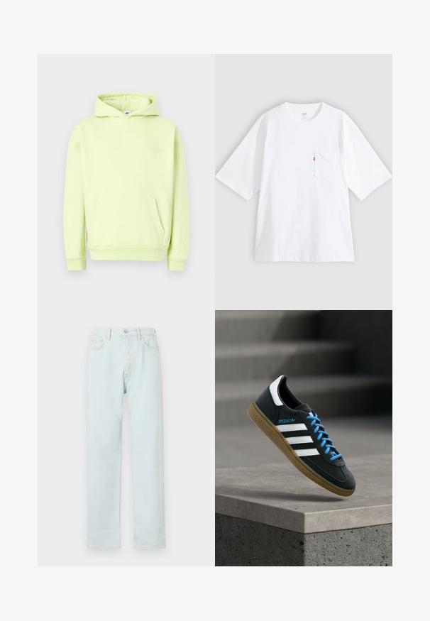 Haut à capuche vert clair avec une poche kangourou à l'avant, des poignets et un ourlet côtelés. Présente un logo ton sur ton en relief "OBEY STUDIOS" sur la poitrine.; T-shirt en coton blanc à manches courtes, col rond et poche poitrine gauche. Comprend une petite étiquette logo rouge sur la poche.; Jean droit bleu clair en denim, avec fermeture à bouton, décoloration subtile et design à cinq poches.; Baskets Adidas noires avec des rayures blanches, des lacets bleus et une semelle en gomme flottant au-dessus d'une marche en béton grise sous une lumière douce.