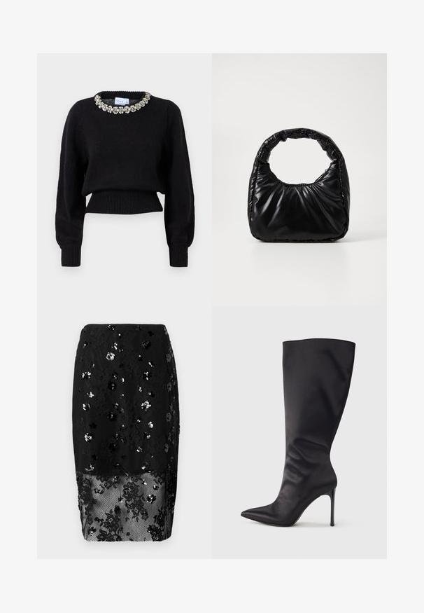 Sweat à manches longues noir court en tissu tricoté, avec un col décoratif orné de perles. Poignets et ourlet côtelés.; Jupe crayon noire en dentelle avec des embellissements en sequins floraux et un panneau en dentelle transparente à l'ourlet.; Botte noire haute jusqu'aux genoux en cuir verni lisse et élégant ; bout pointu ; ajustée avec un léger froncé près de la cheville ; talon brillant.; Sac à main noir rembourré avec une poignée arrondie, présentant une surface lisse et brillante ainsi qu'une texture douce et matelassée. Pas de quincaillerie ou d'accents visibles.