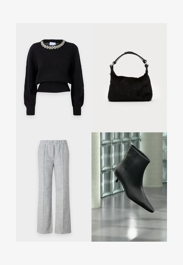 Suéter negro recortado hecho de tela de punto, con mangas largas y un escote decorativo de cuentas. Puños y dobladillo acanalados.; Pantalones grises de pierna ancha hechos de una tela texturizada; cuentan con una cinturilla elástica y detalles de pliegues en el frente. Diseño limpio y minimalista.; Botín negro de cuero con punta puntiaguda y tacón bajo estilo kitten, mostrado en ángulo sobre un suelo pulido y con una pared de bloques de vidrio de fondo.; Bolso de mano de piel sintética negra con una textura suave, forma redondeada y una resistente correa de cuero negro para el hombro. Acentos de herrajes plateados visibles.