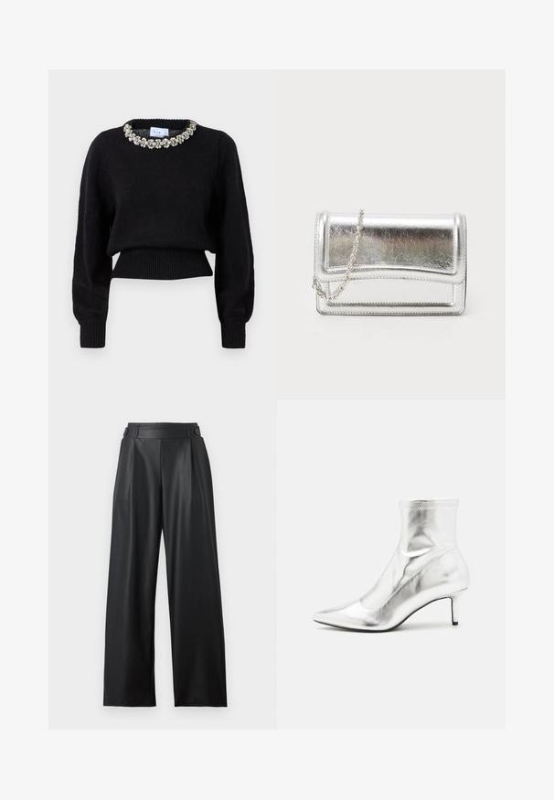 Sort cropped sweater lavet af strikket stof, med lange ærmer og en dekorativ perlekrave. Ribbet manchetter og kant.; Sorte bredbenede bukser i kunstlæder med høj talje, knapdetaljer på linningen og frontplisseringer.; Sølvmetallic ankelstøvle med spids tå og slank hæl. Har en tætsiddende pasform og en glat, skinnende overflade. Sømaccenter på toppen.; Sølvmetallic clutchtaske med en glat overflade, klaffelukning og kædestropp. Har et struktureret rektangulært design og syninger som detaljer.