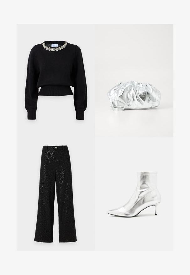 Sort cropped sweater lavet af strikket stof, med lange ærmer og en dekorativ perlekrave. Ribbet manchetter og kant.; Sorte bredbenede bukser med en tekstureret overflade, der har metalliske accenter og et subtilt bølget mønster. Trykknaplukning i taljen.; Sølvmetallic ankelstøvle med spids tå og slank hæl. Har en tætsiddende pasform og en glat, skinnende overflade. Sømaccenter på toppen.; Metallisk sølv clutch taske med en blød, samlet krop og en tynd skulderrem. Har en glat, skinnende overflade og rund form.
